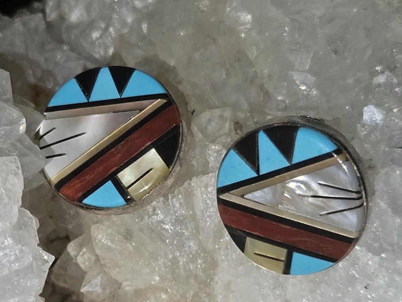 George/ Lupeta Leekity Sterling Silver & Inlay Stud Earrings Marked FGL or GL
