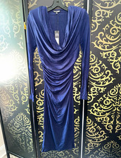 Fashion Nova Navy Solid Ruched Bodycon Midi Dress Cowl Neck Long Sleeve XS