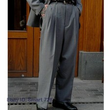 Men Retro High Waiste Loose Wide-Leg Casual Trousers Dress Pant Pleated Straight