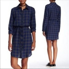Anthropologie RO&DE Blue and Gray Plaid Flannel Shirt Dress Size Small