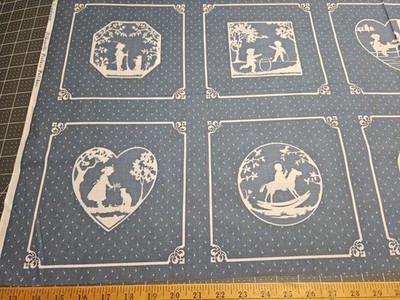 Vtg Cranston Silhouette Picture Patches Panel Fabric Dusty Blue 18x44Grandmacore