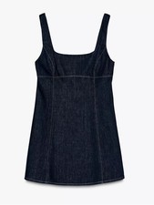 Zara Dark Wash Denim Mini Dress XS Fitted Structured Square Neck
