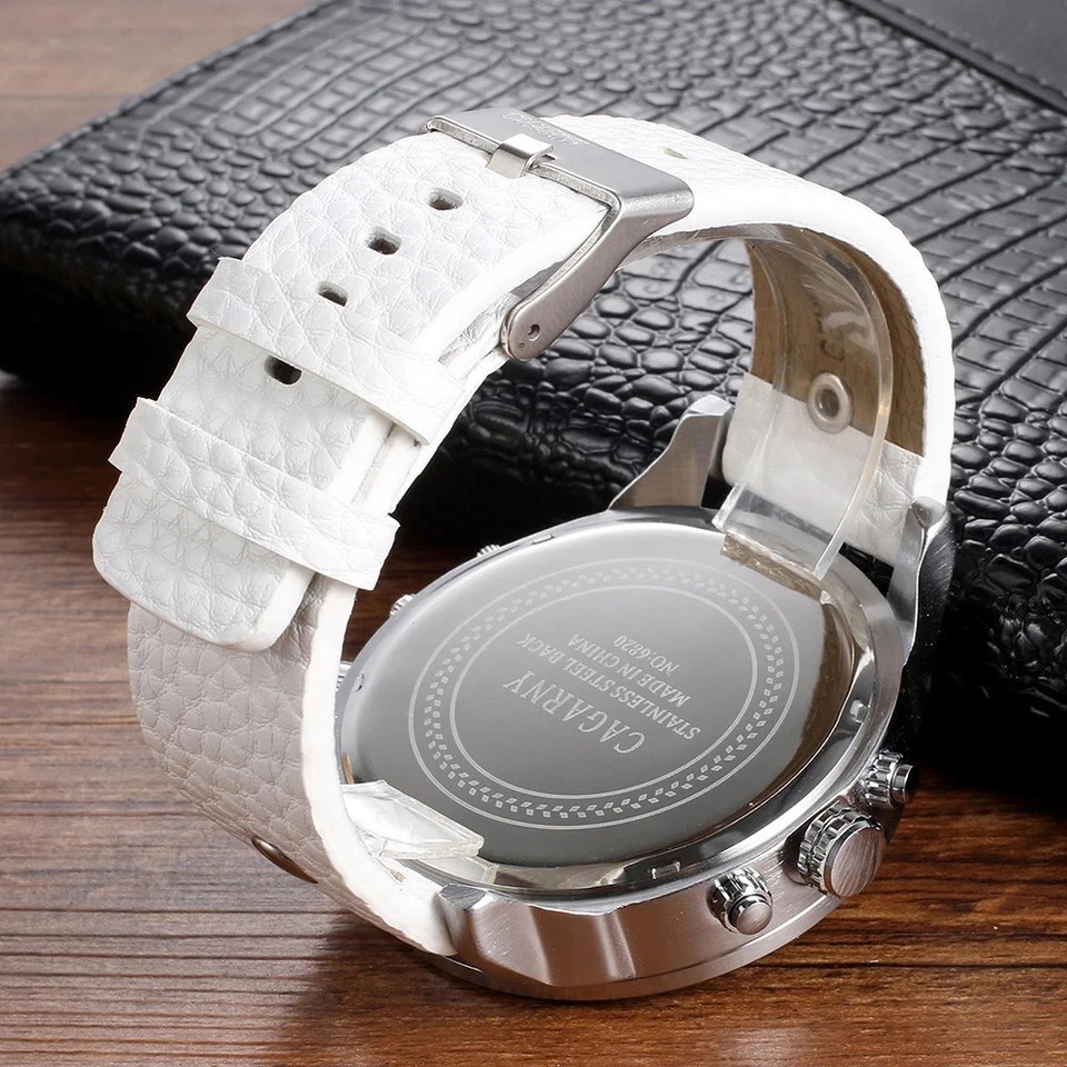 CAGARNY Men's Big Dial Quartz Watch Dual Time Display Leather Band | eBay