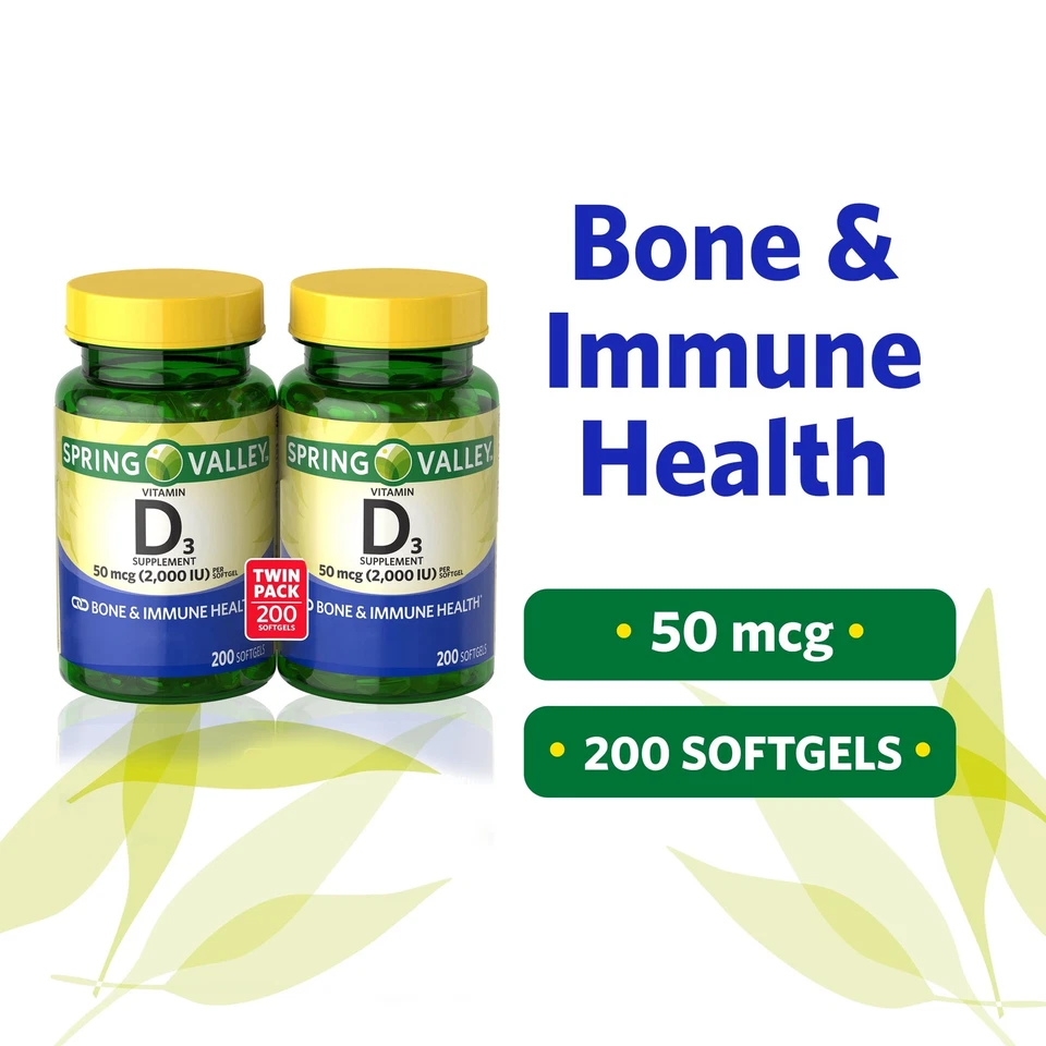 Spring Valley Vitamin D3 Supplement Twin Pack, 50 mcg, 200 Count, 2-Pack - Image 2 of 4