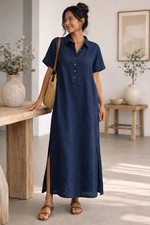 Vintage Kiko 100% Linen Maxi Dress Navy Blue Lagenlook Minimalist Coastal Boho