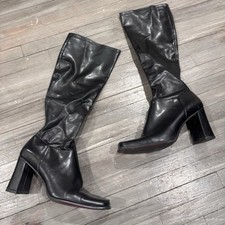 Vtg NINE WEST Black Knee High Leather Block Heel Zip Square Toe Boots Women's