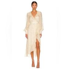 Zimmermann Cream Gold Polka Dot Long Sleeve Silk Wrap Midi Dress Champagne