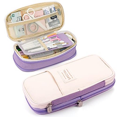 Large Capacity Pencil Case, Expandable Stationery Bag with Zipper Purple Beige