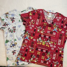 Disney Christmas Scrub Tops Women s M Mickey Mouse Friends Lot of 2 Cotton