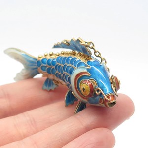 Authentic 925 Sterling Silver Gold Plated Enamel Antique Chinese Koi Fish Chatelaine Fob