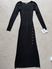 By & By By&By Long-Sleeve Ribbed Sweater Midi Dress Black Square Neck Slit XS
