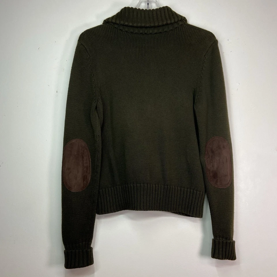 Ralph Lauren Cotton Cardigan Womens SZ M Green Suede Elbow Patch Equestrian - Image 2 of 4