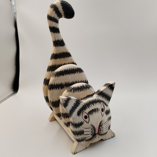 Vintage Hand Painted Wood Cat Letter Holder Mail Sorter Folk Art Striped 11"