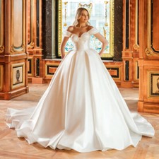 Off Shoulder Satin Wedding Dress Ball Gown Luxury Crystal Beads Princess Bridal