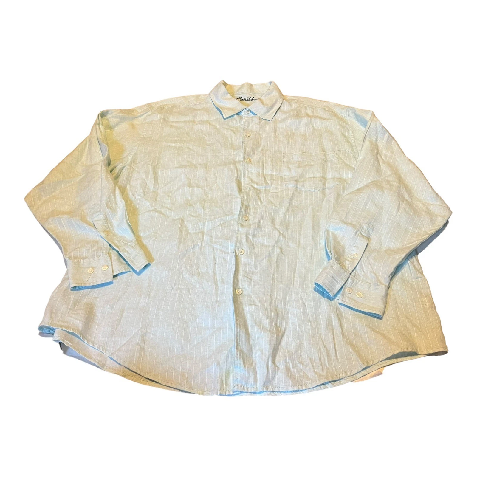 Mens Caribbean Blue Size 2X Linen Blend Button Up Striped Long Sleeve Hawaiian