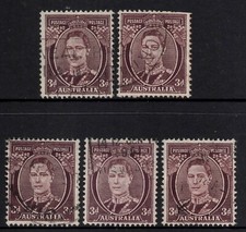 AUSTRALIA 1941  3d PURPLE-BROWN  KING GEORGE VI  STAMPS X (5)  VFU.