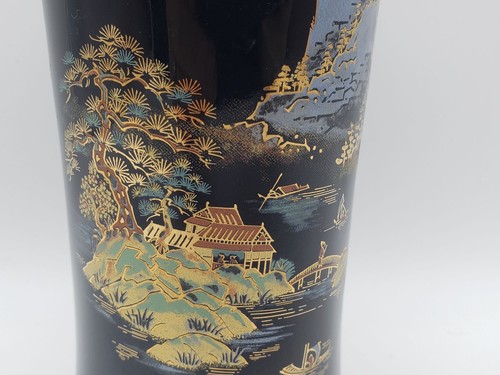 Black and Gold Vase Asian Scene Gold Rim Made In Japan Vintage - Afbeelding 2 van 7