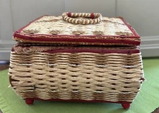 Vintage Musical Wicker Sewing Basket Box Red Inside Music Box Works