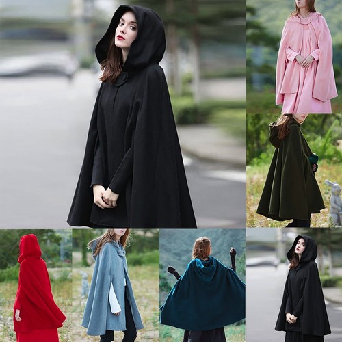 Hooded Medium Women Cape Winter Vintage Overcoat Fashion Button Cloak Woolen - Picture 1 of 16