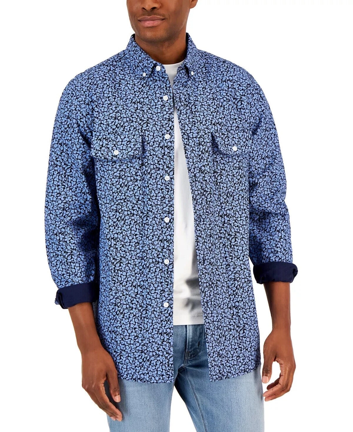 Club Room Men's Simple Floral Print Double Faced Woven Shirt Blue Combo S*