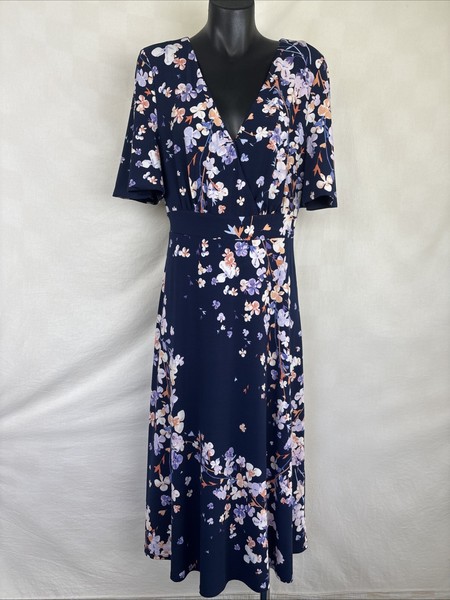 Leona Edmiston Leona Floral Faux Wrap Dress Sz 10 Jersey Stretch Midi V Neck