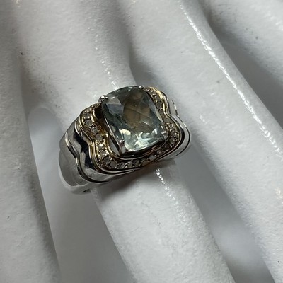 LG Cushion Cut Aquamarine and Diamond Ring..925 Sterling And Gold Vermeil Sz 6