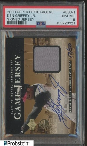 2000 Upper Deck eVolve Ken Griffey Jr HOF GU Jersey ON CARD AUTO /50 PSA 8