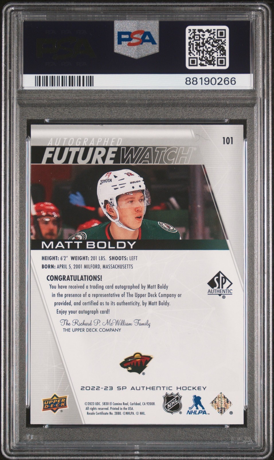 Matt Boldy PSA 8 2022-23 Upper Deck SP Authentic /999 Future Watch RC Auto #101 view 2