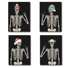 24 Skeleton Christmas Cards + Envelopes, 4 Fun Holiday Illustrations, Retro G...