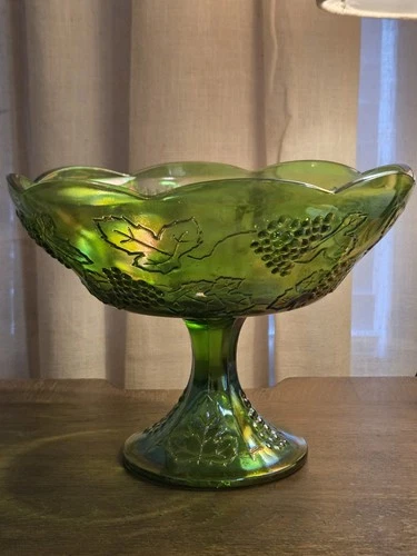 Vintage Green Carnival Glass Bowl on Pedestal