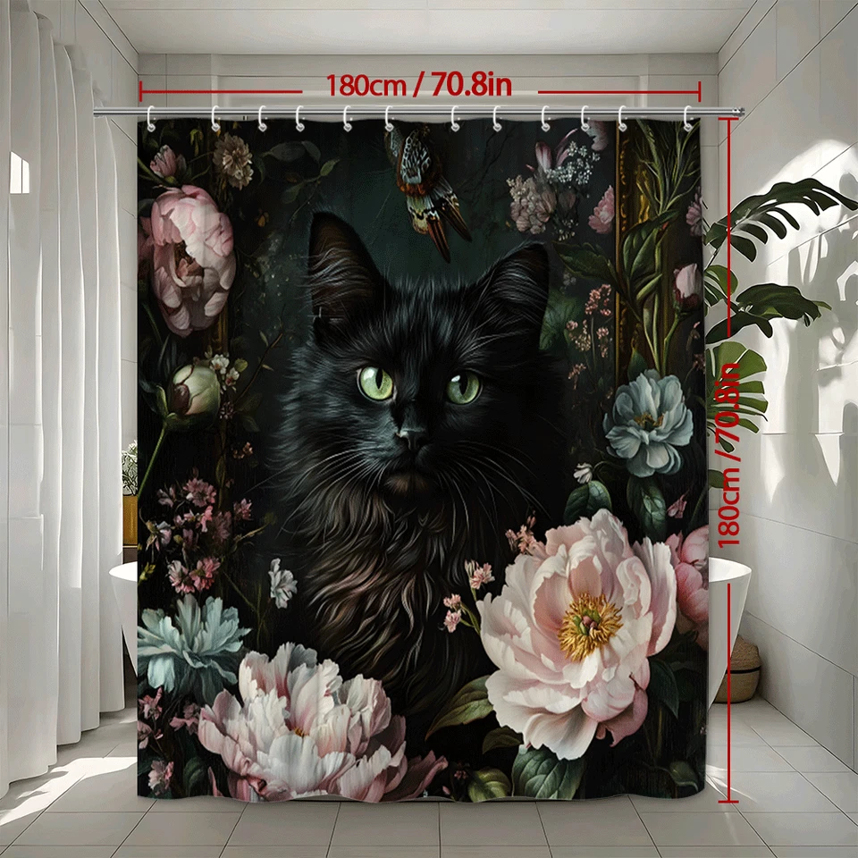 Cortina de Ducha Floral Gato Negro Flor Gótica Diseño Mascota Vintage Foto 3 de 4
