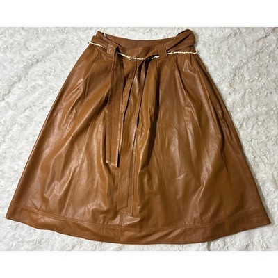 Lafayette 148 New York Brown Lambskin Leather Midi Skirt Shell Trim Size 4