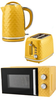 Wasserkocher Toaster Mikrowelle passend gelb Rautenoptik Küche Set stilvoll UK