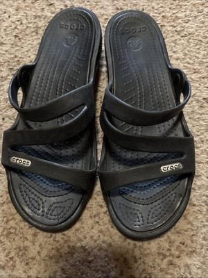 Crocs Kadee II Strappy Black Wedge Sandals Womens Size 7 Dual Comfort Slip On