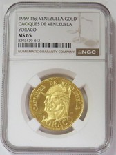 1959 GOLD VENEZUELA CHIEF  YORACO CACIQUES  15 GRAM   NGC MS 65 4623.28 per troy oz