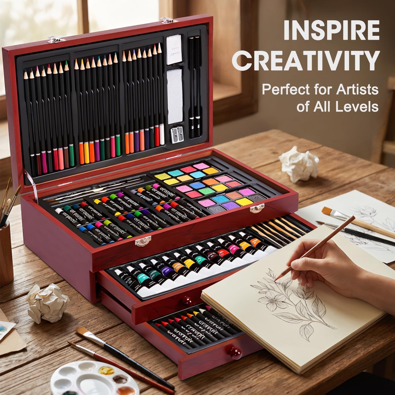 Color More 175 Piece Deluxe Art Set with 2 Drawing Pads, Acrylic Paints,