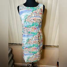 Talbots Scenic Village Shift Dress 100% Cotton coastal town print Size 4P