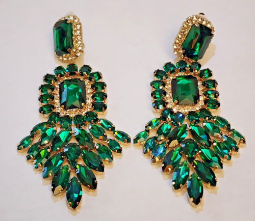 Clip On Earrings Emerald Green Rhinestone Crystal Oversized Dangle Chandelier... - Picture 17 of 18