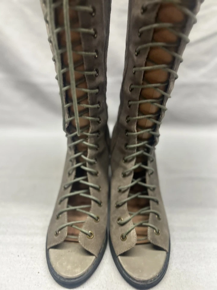 Jeffery Cambell Free People knee high open toe laced women's 8.5 tan suede boots - Image 2 of 4