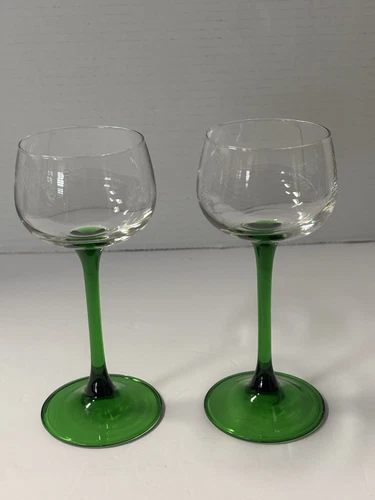 Emerald Green Stem Vintage Luminarc Wine Glasses made In France Set of 2 MCM