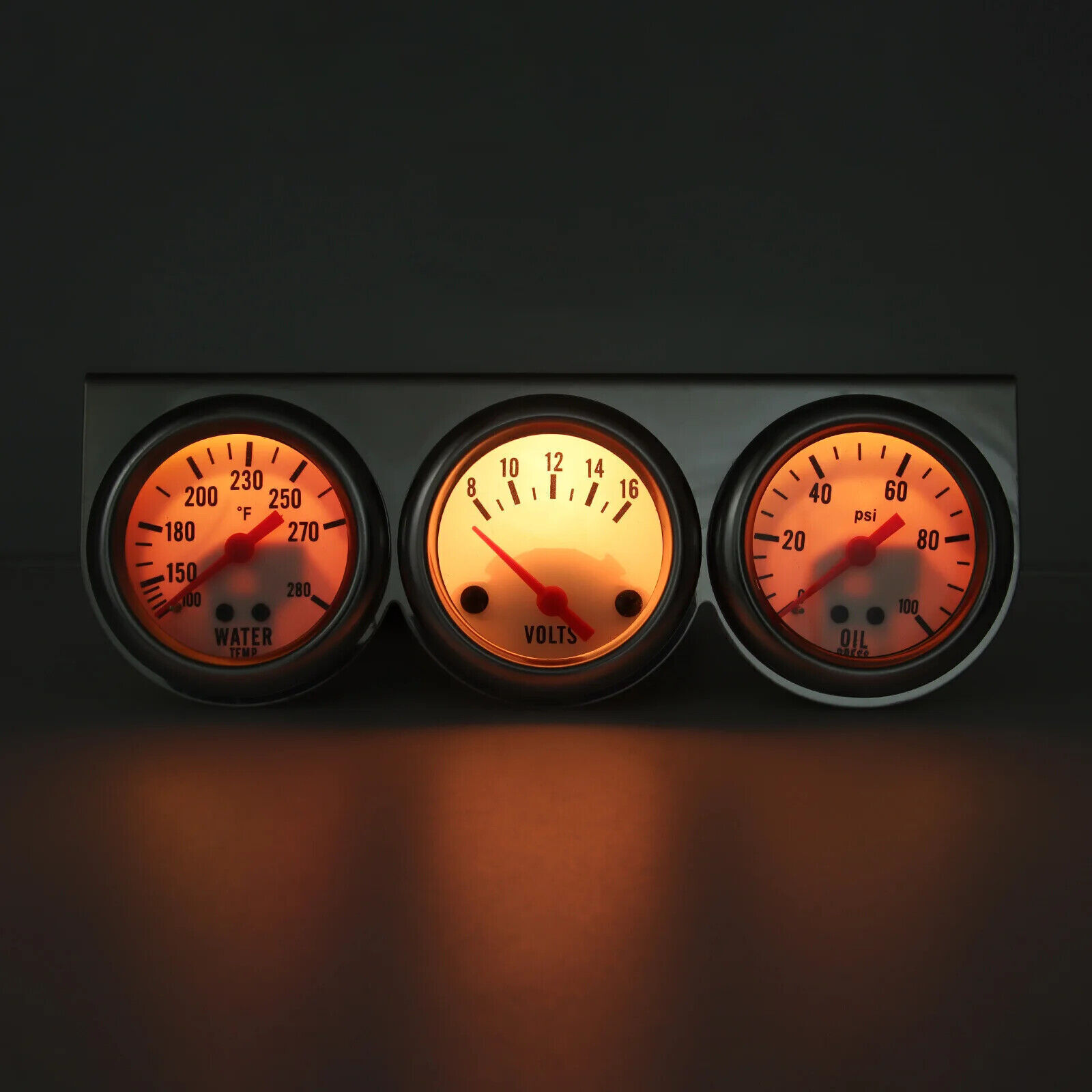 2'' 52mm Mechanical Chrome Triple Gauge Set Water Temp Oil Pressure