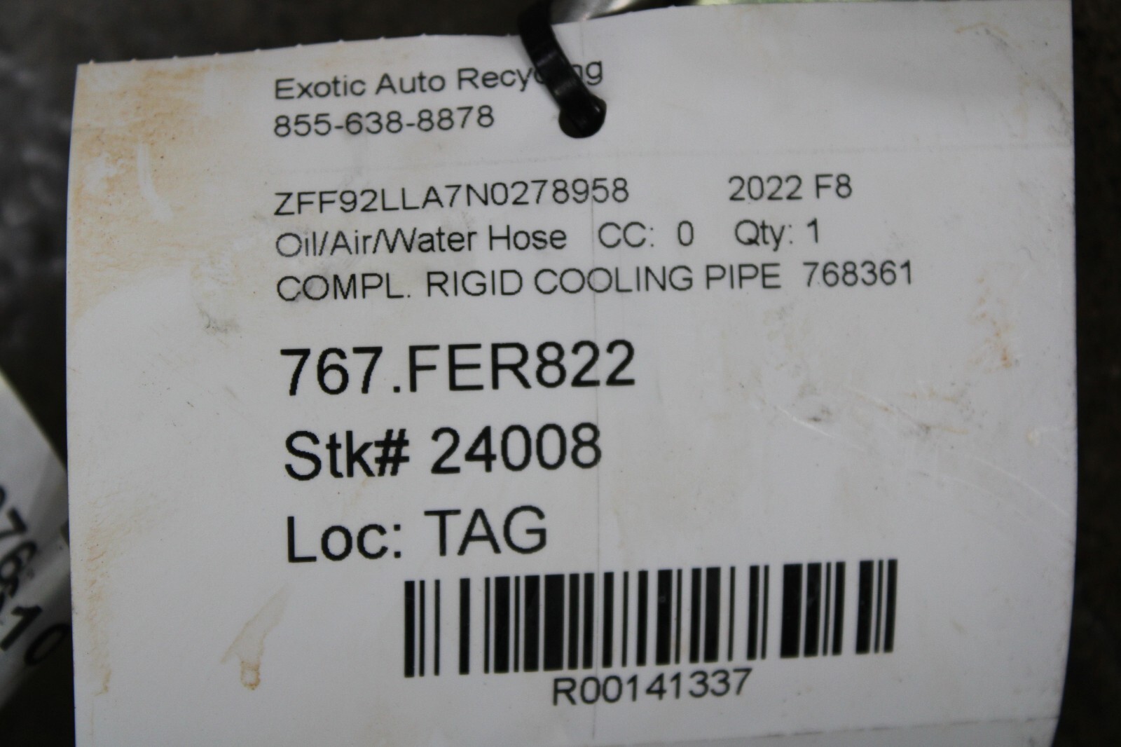 Ferrari F8 Tributo, 488, Coolant Pipe, Used, P/N 768361