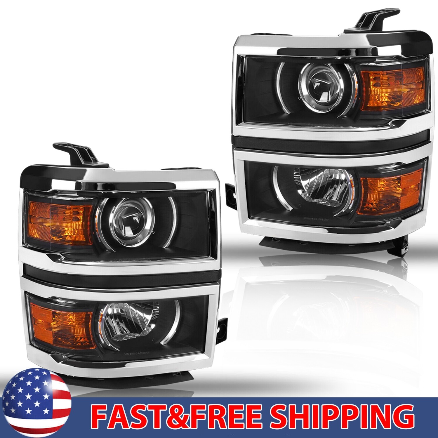 Fit 2014-15 Chevy Silverado 1500 Black Headlights Headlamps L+R Pairs 14-15