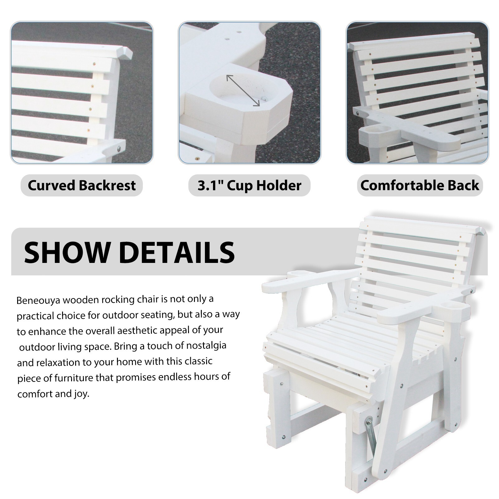 Beneouya Outdoor Wooden Glider Chair with Cup Holder for One Person, White