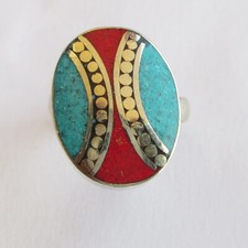 Tibetan Silver Turquoise Red Coral Original Jewelry Adjustable Round Ring R33