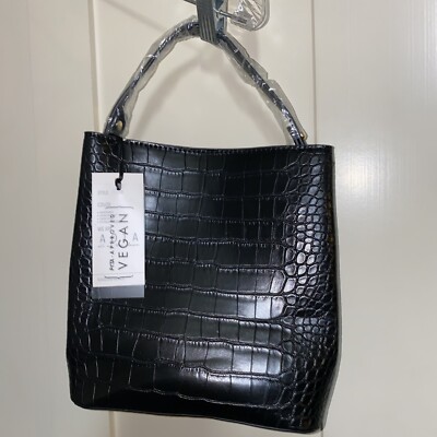AOTA Elena Black Vegan Croc Top Handle Leather Bucket Bag
