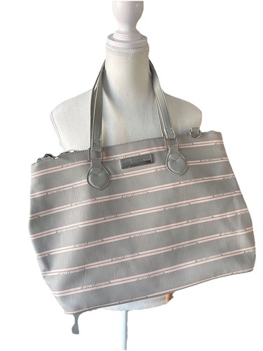 Betsey Johnson Gray Pink Stripe Logo Name Tote Hand Bag Purse NWT $108 Satchel