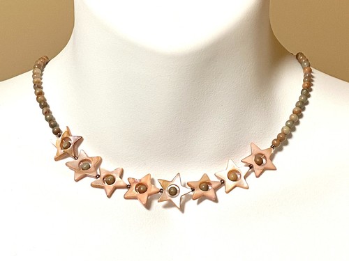 Starry Night Necklace, Pink Mother of Pearl Stars & Earthy Jasper Beaded Choker - Picture 2 of 14