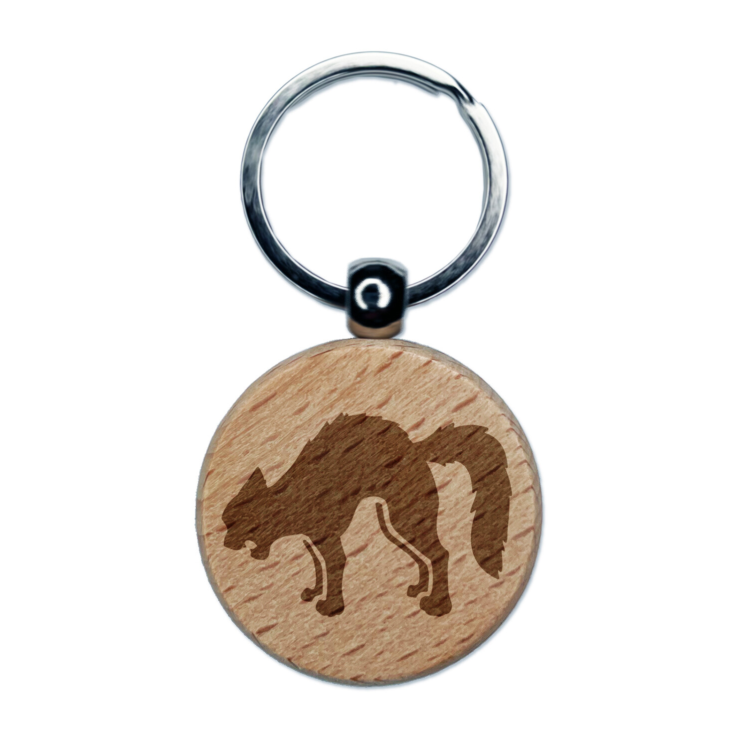 Llavero redondo de madera grabada de Halloween silbando gato negro asustado etiqueta dije