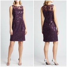 NWT Alex Evenings Elegant Sequin Lace Sheath Dress Purple Eggplant Floral Sz 14